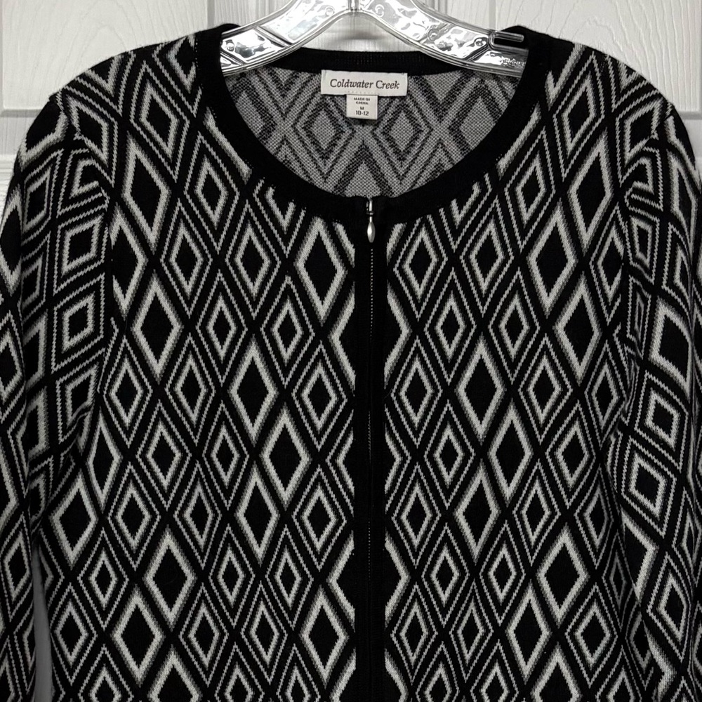 Coldwater Creek Merino Wool Blend Zip Front Cardigan Black & Cream Sz M - Picture 2 of 4